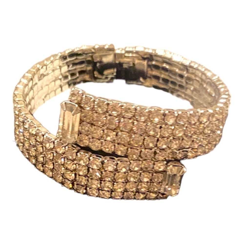 Vintage Silver Toned Round and Baguette Rhinestone Wrap Hinged Bracelet